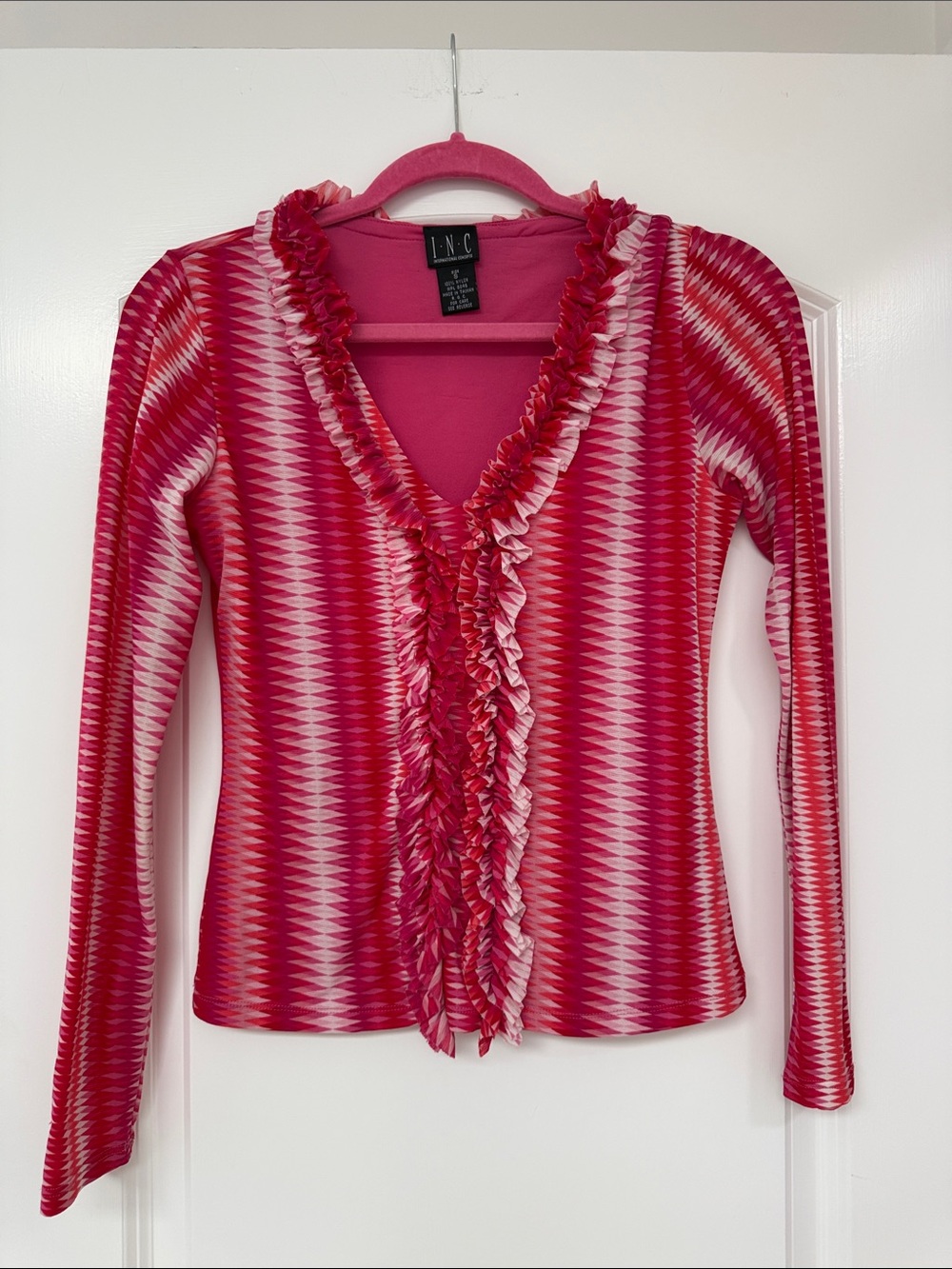 INC International Concepts Pink & White Ruffled V-Neck Long Sleeve Top